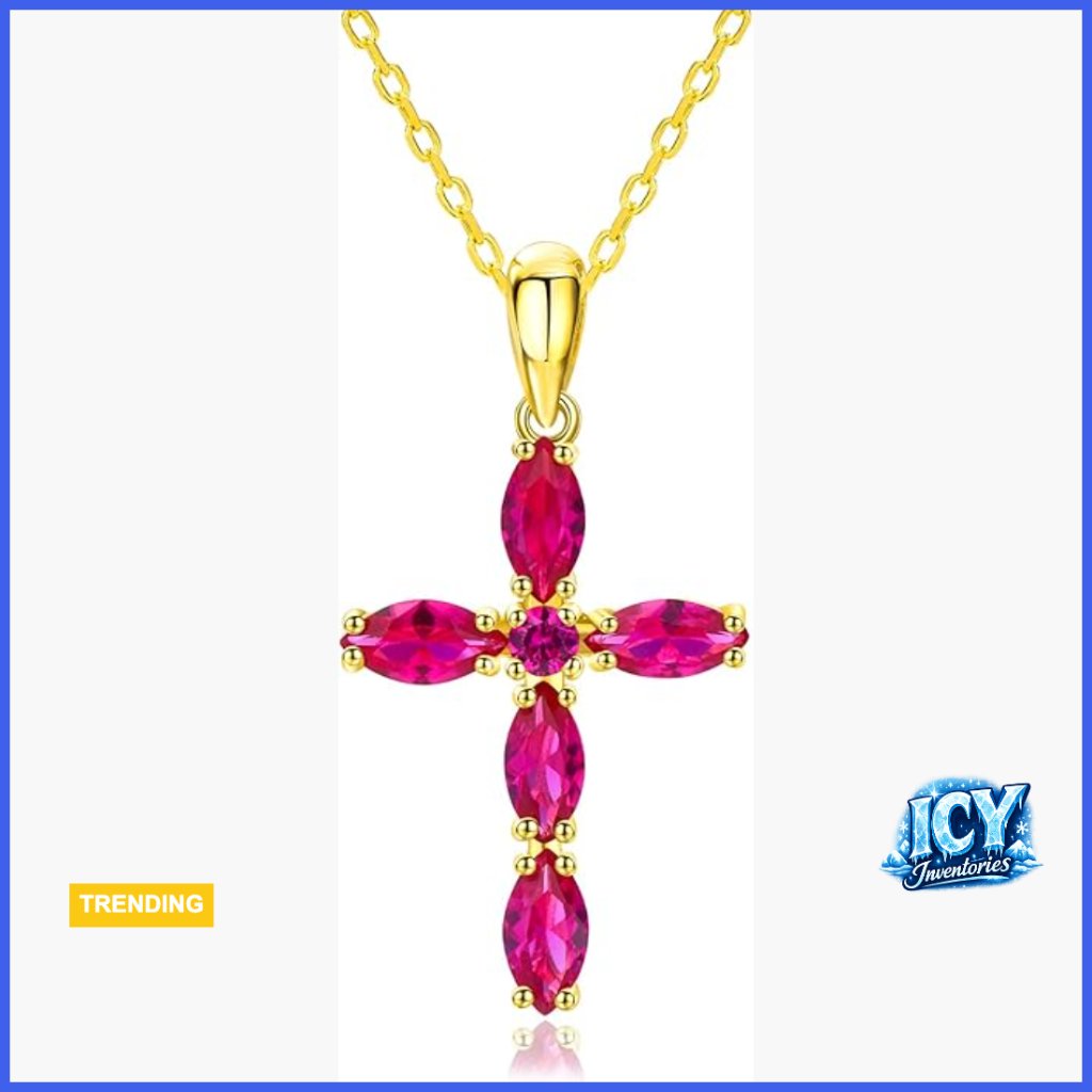 14k Gold Plated 925 Sterling Silver Cross Pendant Necklace With Created Gemstone